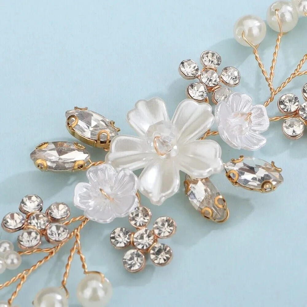 Bridal White Flower Wire Bracelet, Floral Pearl Wire Bracelet, Wedding Crystal Leaf Bracelet, Wedding Floral Rhinestone Bracelet for Bride