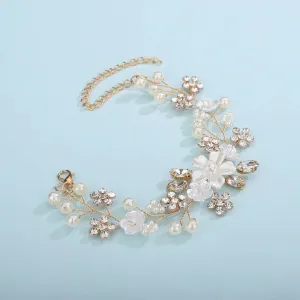 Bridal White Flower Wire Bracelet, Floral Pearl Wire Bracelet, Wedding Crystal Leaf Bracelet, Wedding Floral Rhinestone Bracelet for Bride