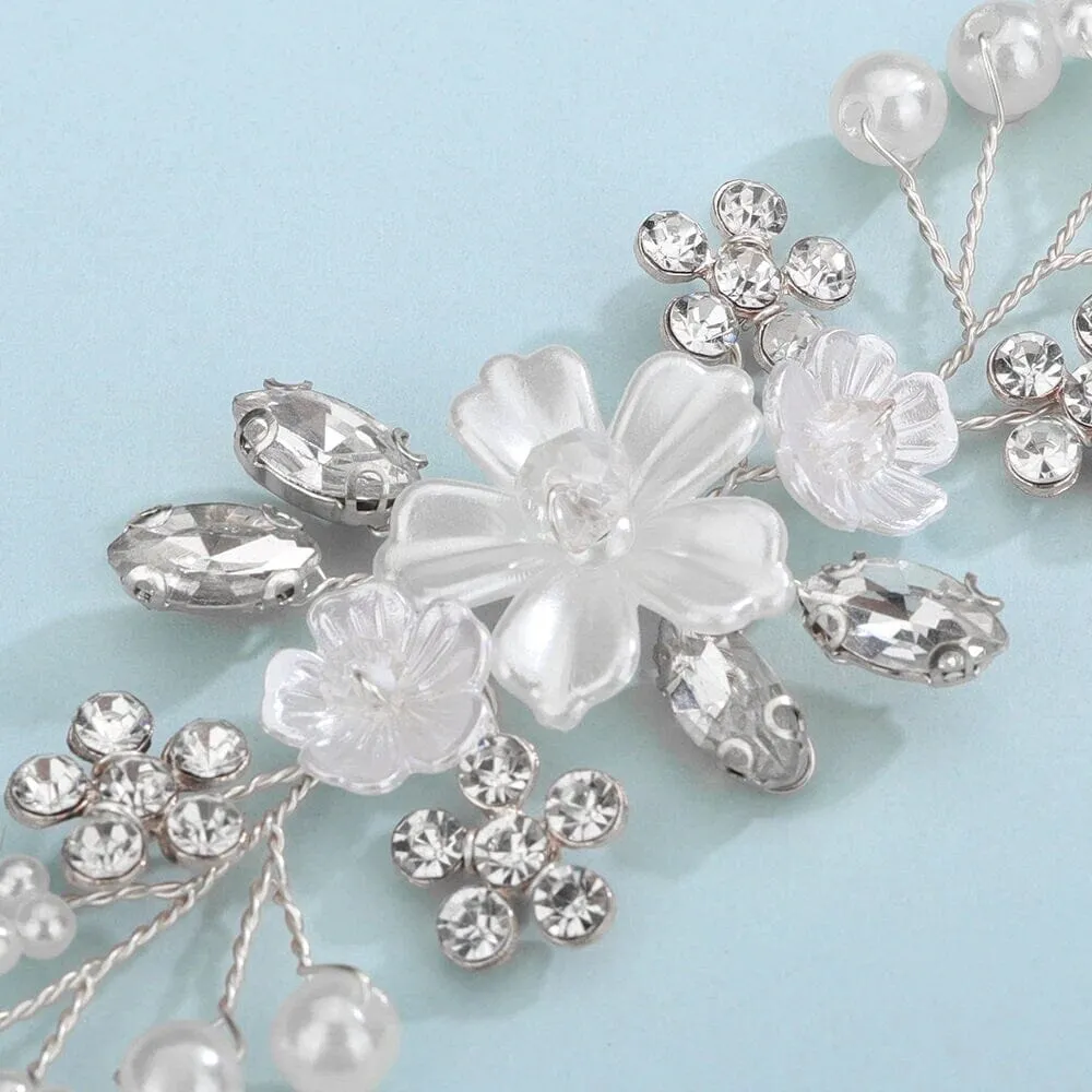 Bridal White Flower Wire Bracelet, Floral Pearl Wire Bracelet, Wedding Crystal Leaf Bracelet, Wedding Floral Rhinestone Bracelet for Bride