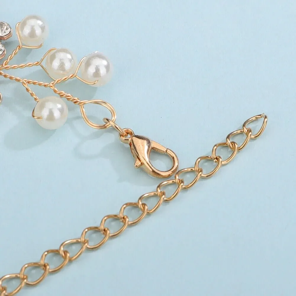Bridal White Flower Wire Bracelet, Floral Pearl Wire Bracelet, Wedding Crystal Leaf Bracelet, Wedding Floral Rhinestone Bracelet for Bride