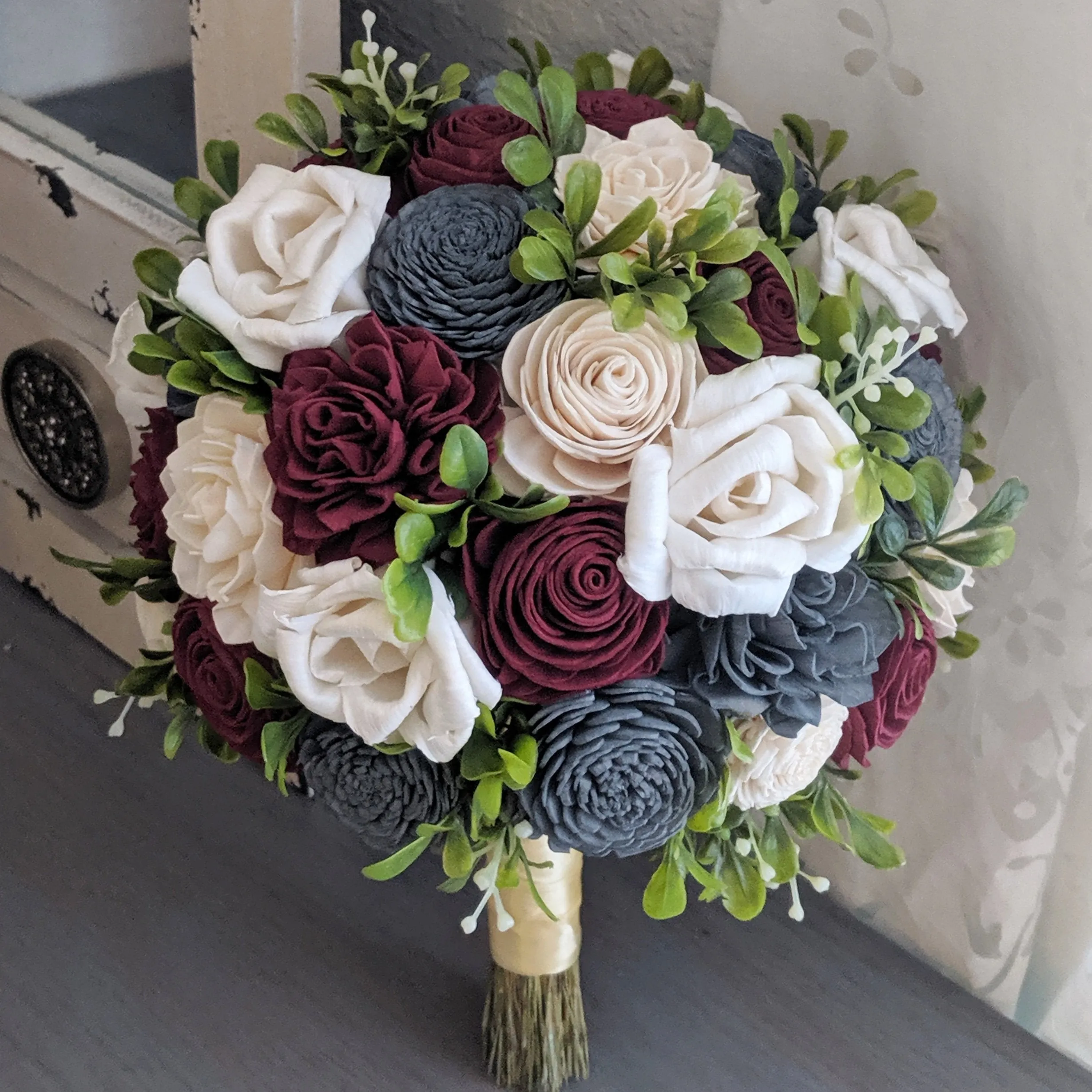 Burgundy, Charcoal, and Ivory Bouquet with Greenery