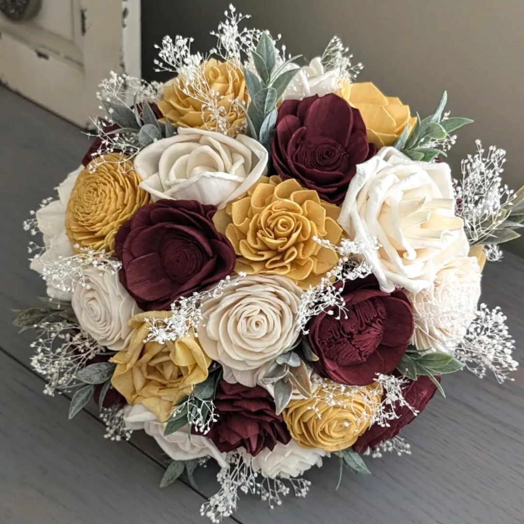 Burgundy, Gold, and Ivory Bouquet with Baby's Breath and Greenery