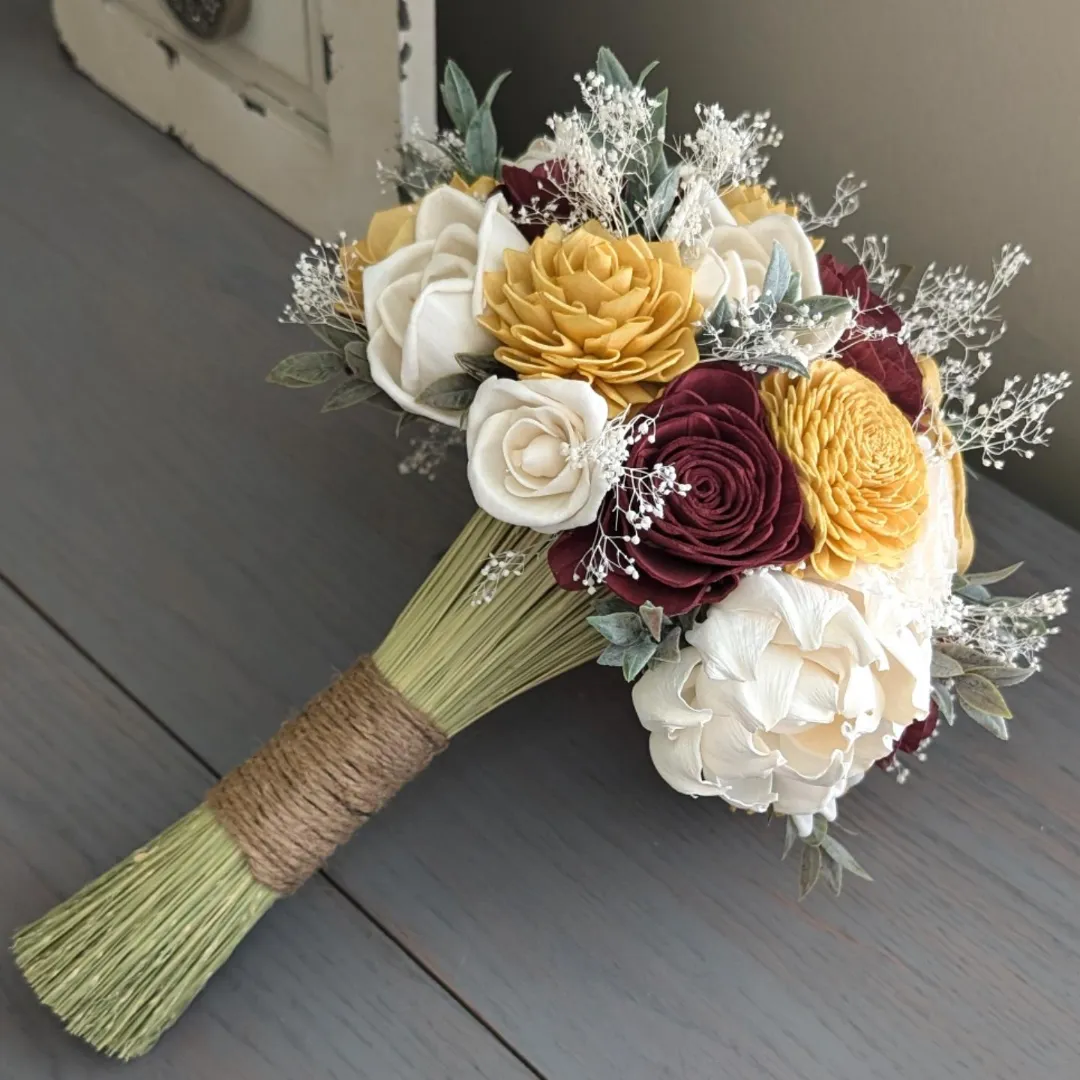 Burgundy, Gold, and Ivory Bouquet with Baby's Breath and Greenery