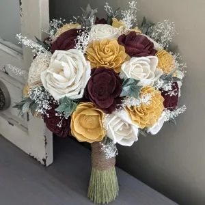 Burgundy, Gold, and Ivory Bouquet with Baby's Breath and Greenery