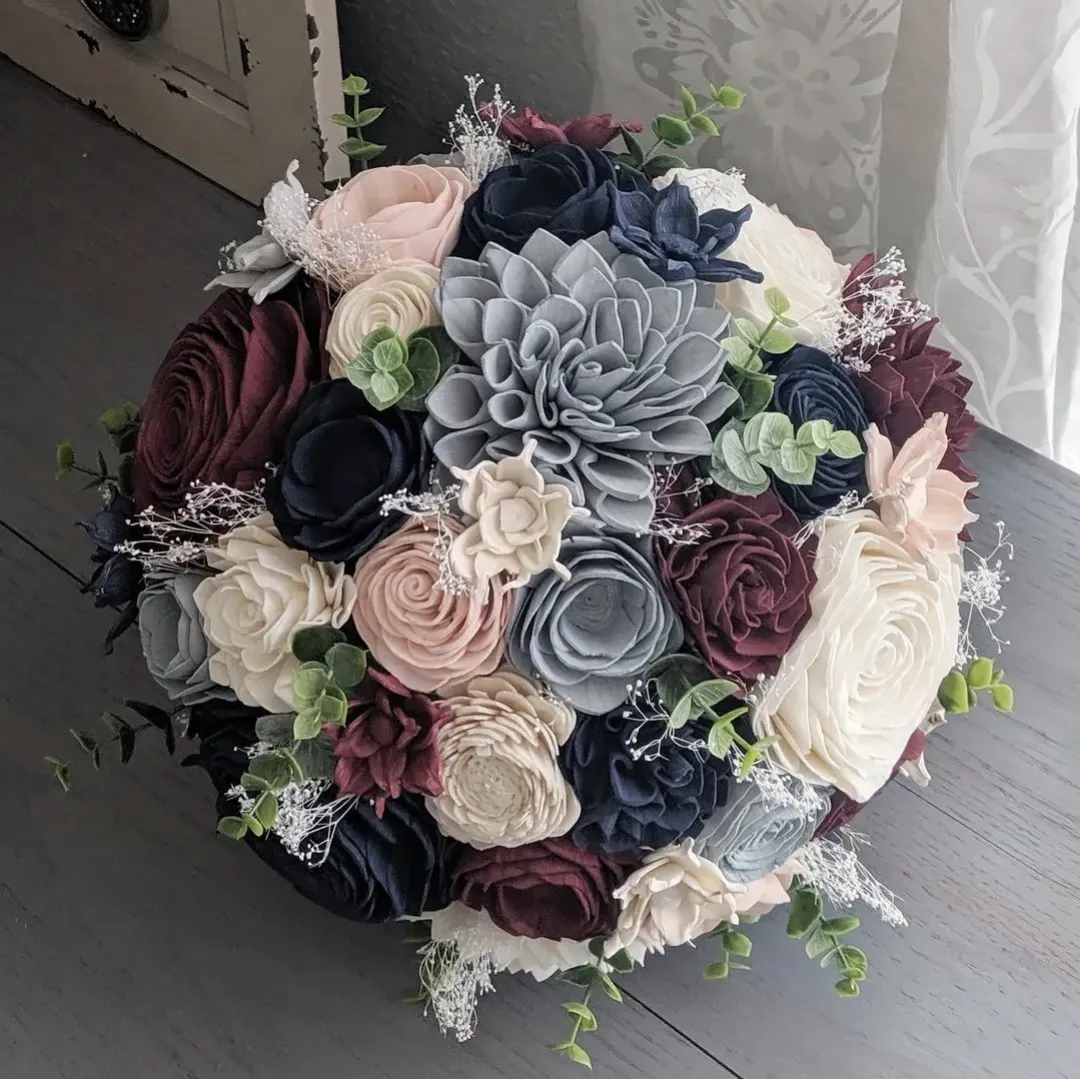 Burgundy, Navy, Blush, Dusty Blue, and Ivory Bouquet with Baby's Breath and Spiral Eucalyptus