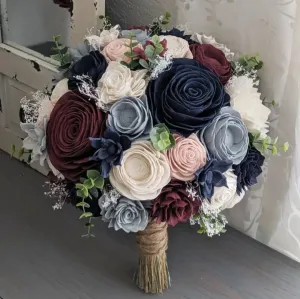 Burgundy, Navy, Blush, Dusty Blue, and Ivory Bouquet with Baby's Breath and Spiral Eucalyptus
