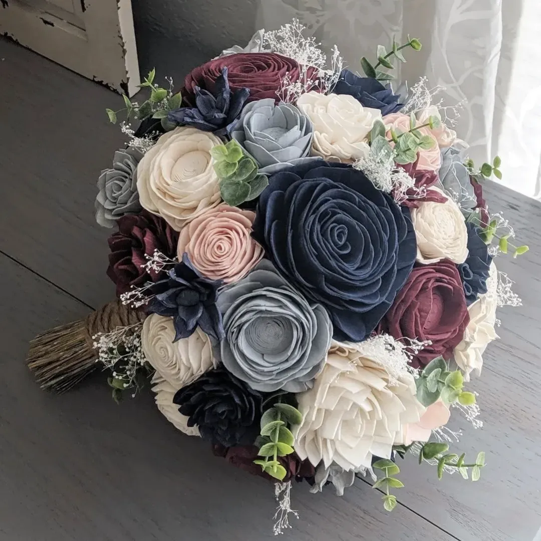 Burgundy, Navy, Blush, Dusty Blue, and Ivory Bouquet with Baby's Breath and Spiral Eucalyptus