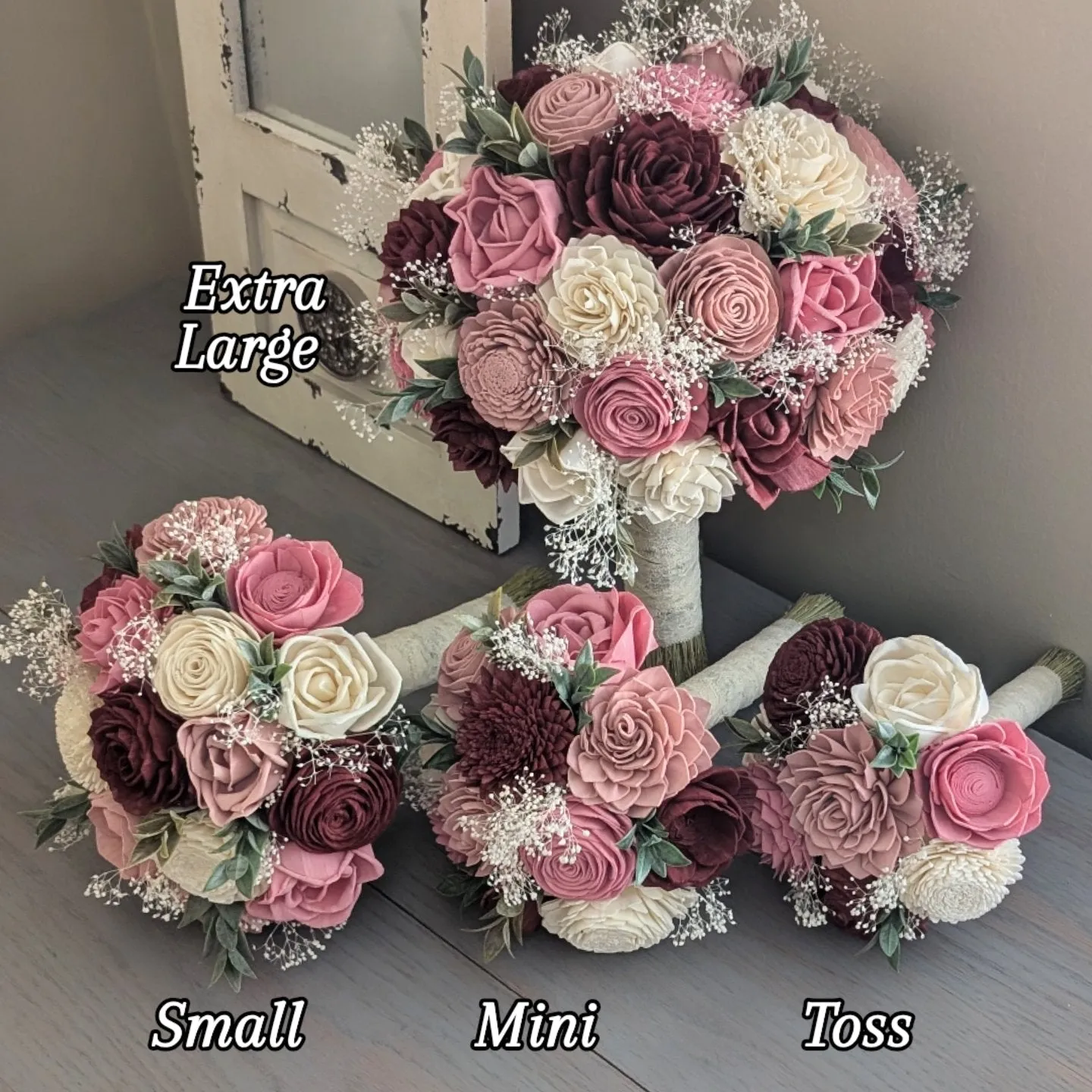 Burgundy, Pinkish Mauve, Dusty Rose, and Ivory Bouquet with Baby's Breath and Greenery