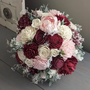 Burgundy, Wine, Blush, and Ivory Bouquet with Baby's Breath and Greenery