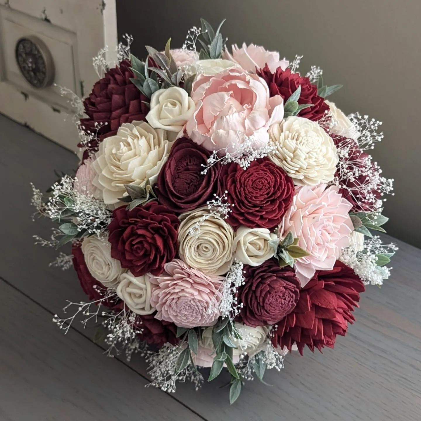 Burgundy, Wine, Blush, and Ivory Bouquet with Baby's Breath and Greenery