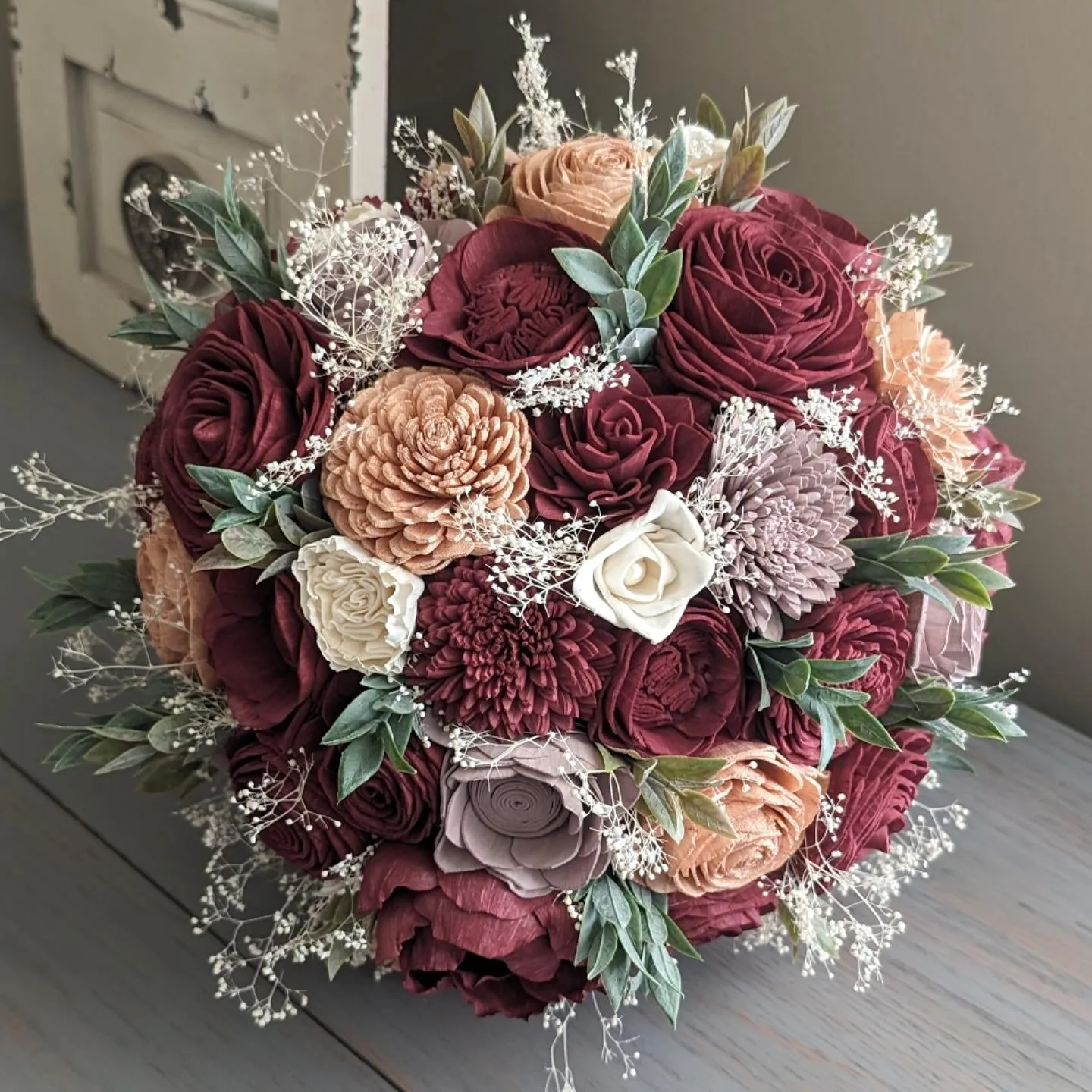 Burgundy with Rose Quartz, Ivory, and Rose Gold Accents Sola Wood Flower Bouquet with Baby's Breath and Greenery