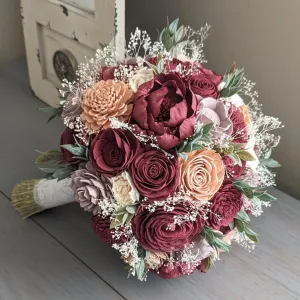 Burgundy with Rose Quartz, Ivory, and Rose Gold Accents Sola Wood Flower Bouquet with Baby's Breath and Greenery