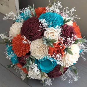 Burnt Orange, Burgundy, Turquoise, and Ivory Bouquet with Baby's Breath and Greenery