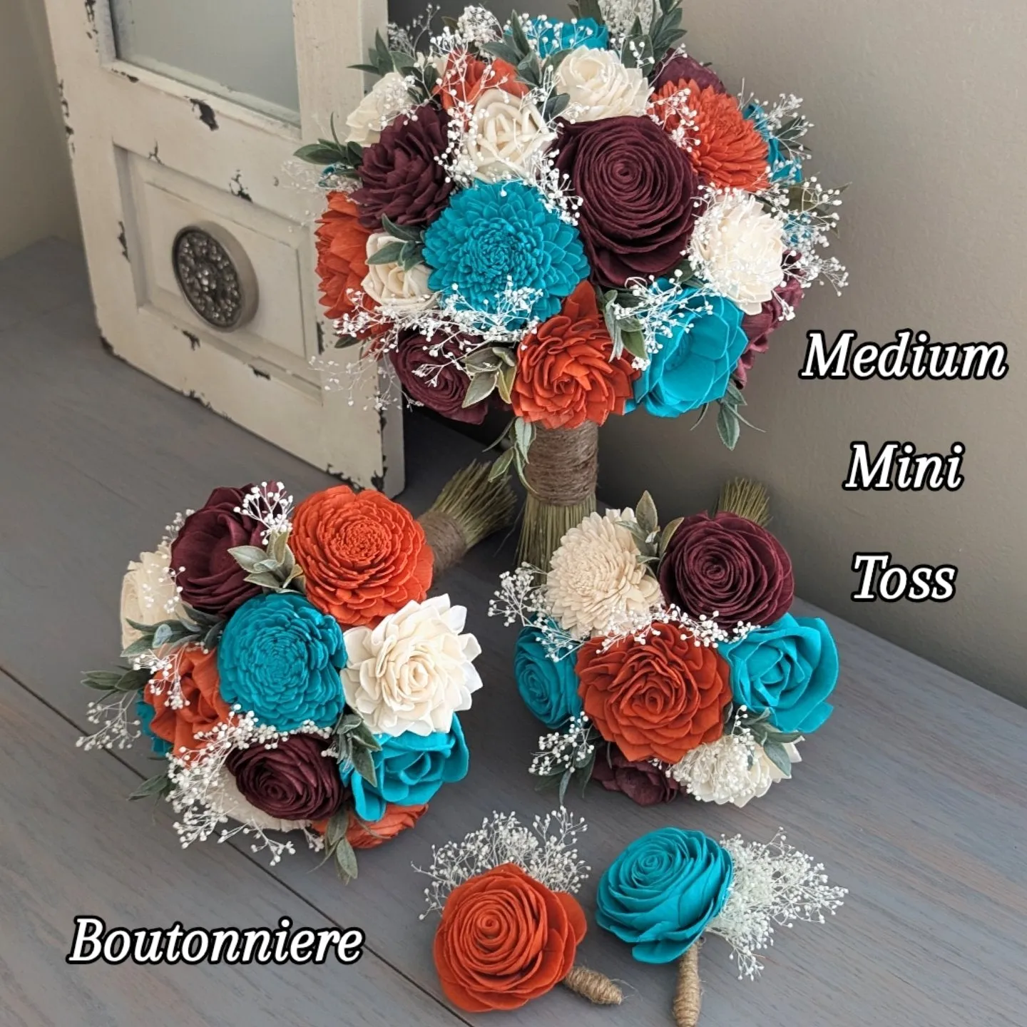 Burnt Orange, Burgundy, Turquoise, and Ivory Bouquet with Baby's Breath and Greenery