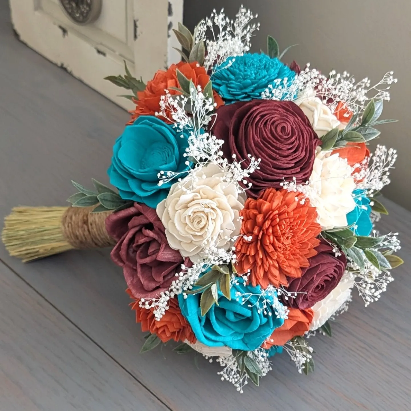 Burnt Orange, Burgundy, Turquoise, and Ivory Bouquet with Baby's Breath and Greenery