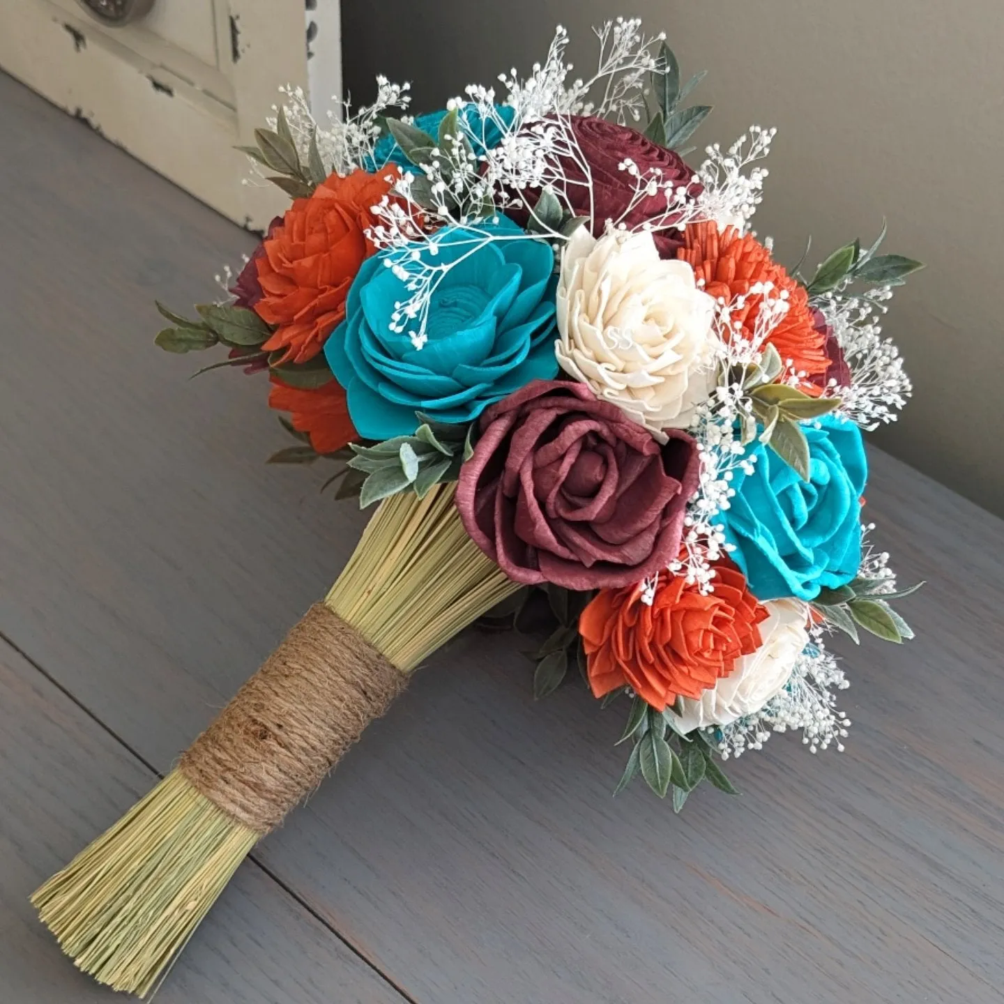 Burnt Orange, Burgundy, Turquoise, and Ivory Bouquet with Baby's Breath and Greenery