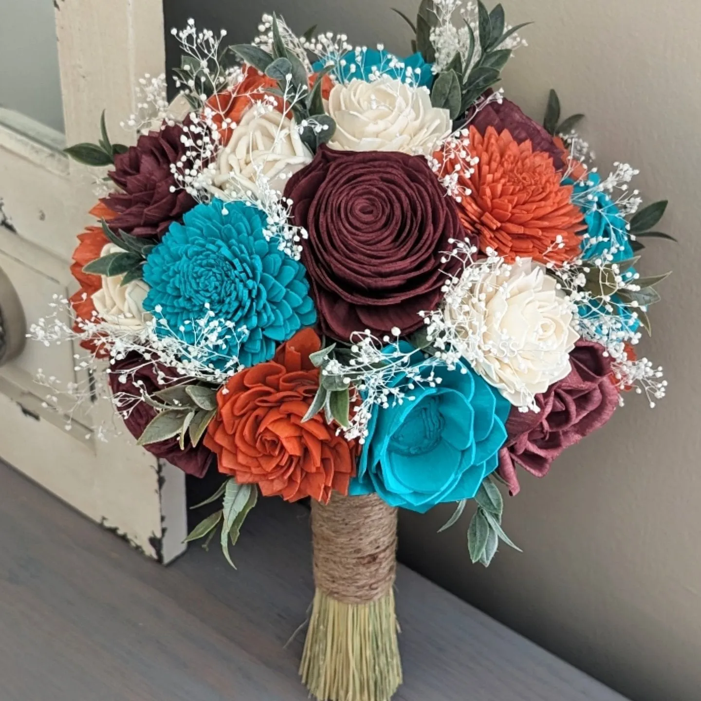 Burnt Orange, Burgundy, Turquoise, and Ivory Bouquet with Baby's Breath and Greenery