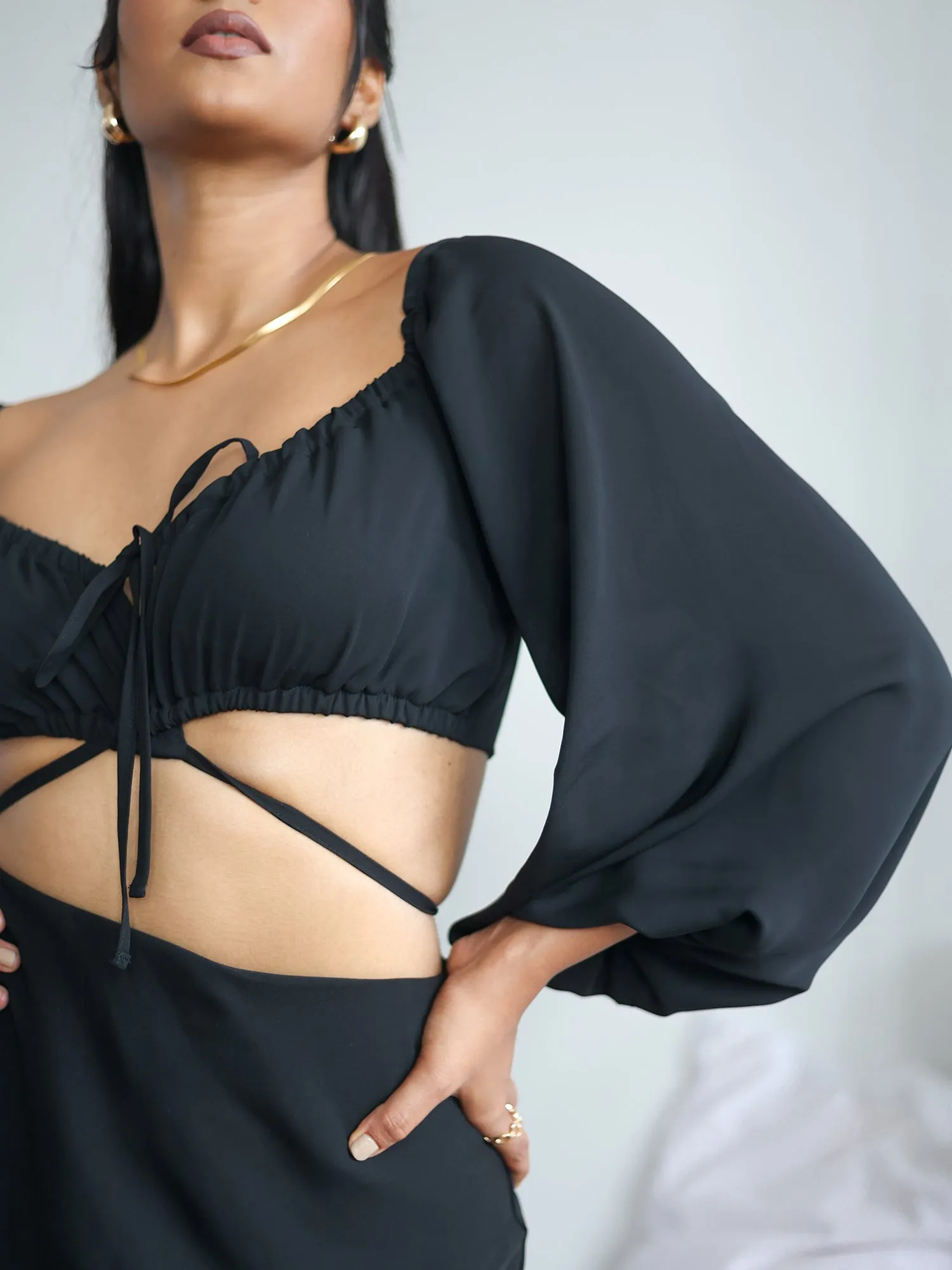 Bustier Detail Balloon Sleeve Front Tie-Up Top