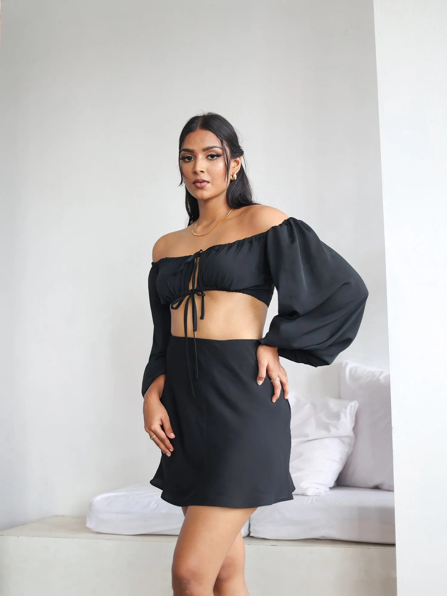 Bustier Detail Balloon Sleeve Front Tie-Up Top
