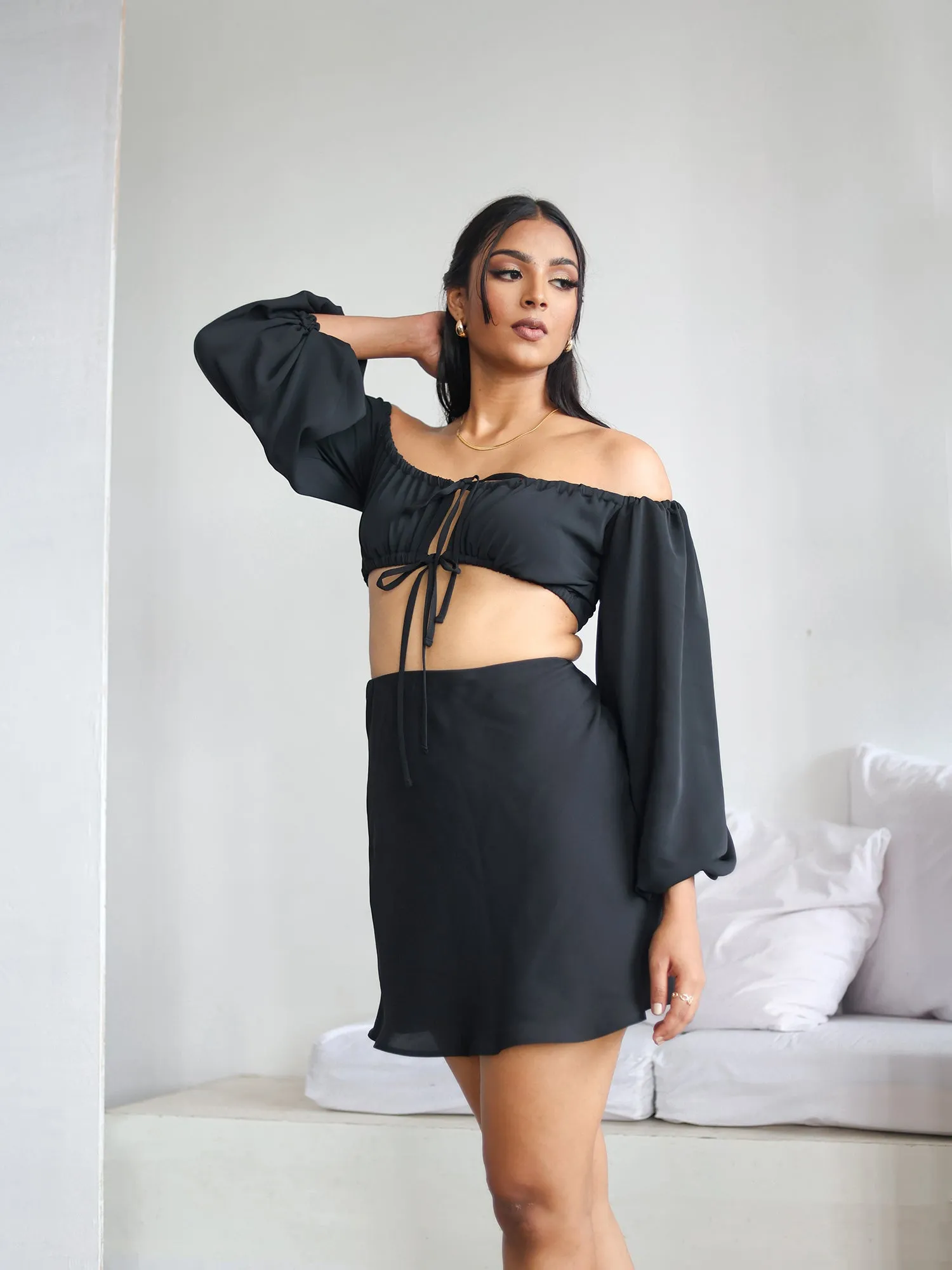 Bustier Detail Balloon Sleeve Front Tie-Up Top