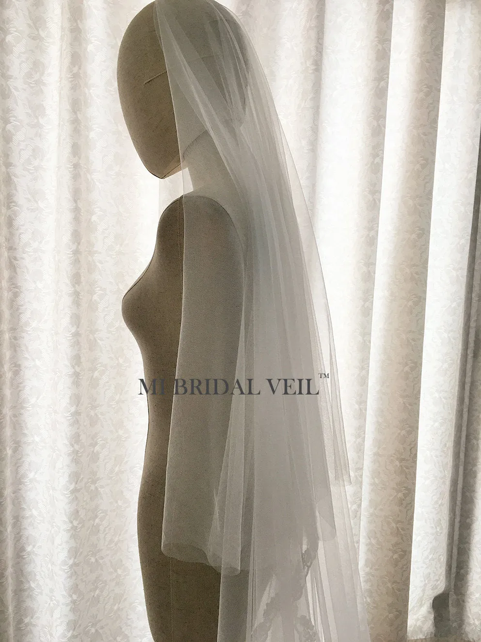 Cathedral Lace Veil Wedding w Blusher, Lace at Fingertip, Mi Bridal