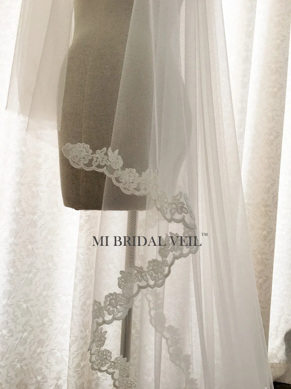 Cathedral Lace Veil Wedding w Blusher, Lace at Fingertip, Mi Bridal
