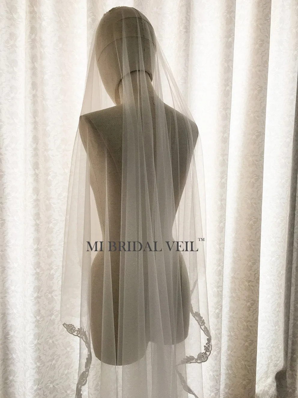 Cathedral Lace Veil Wedding w Blusher, Lace at Fingertip, Mi Bridal