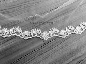 Cathedral Lace Veil Wedding w Blusher, Lace at Fingertip, Mi Bridal