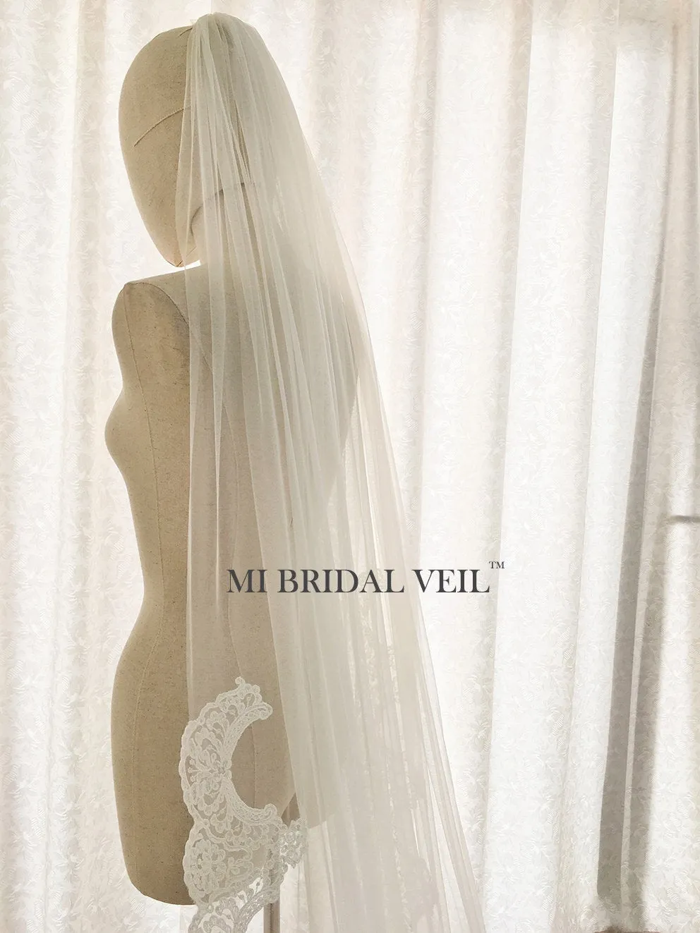 Cathedral Wedding Veil, Edwardian Inspired Lace at Hip, Mi Bridal