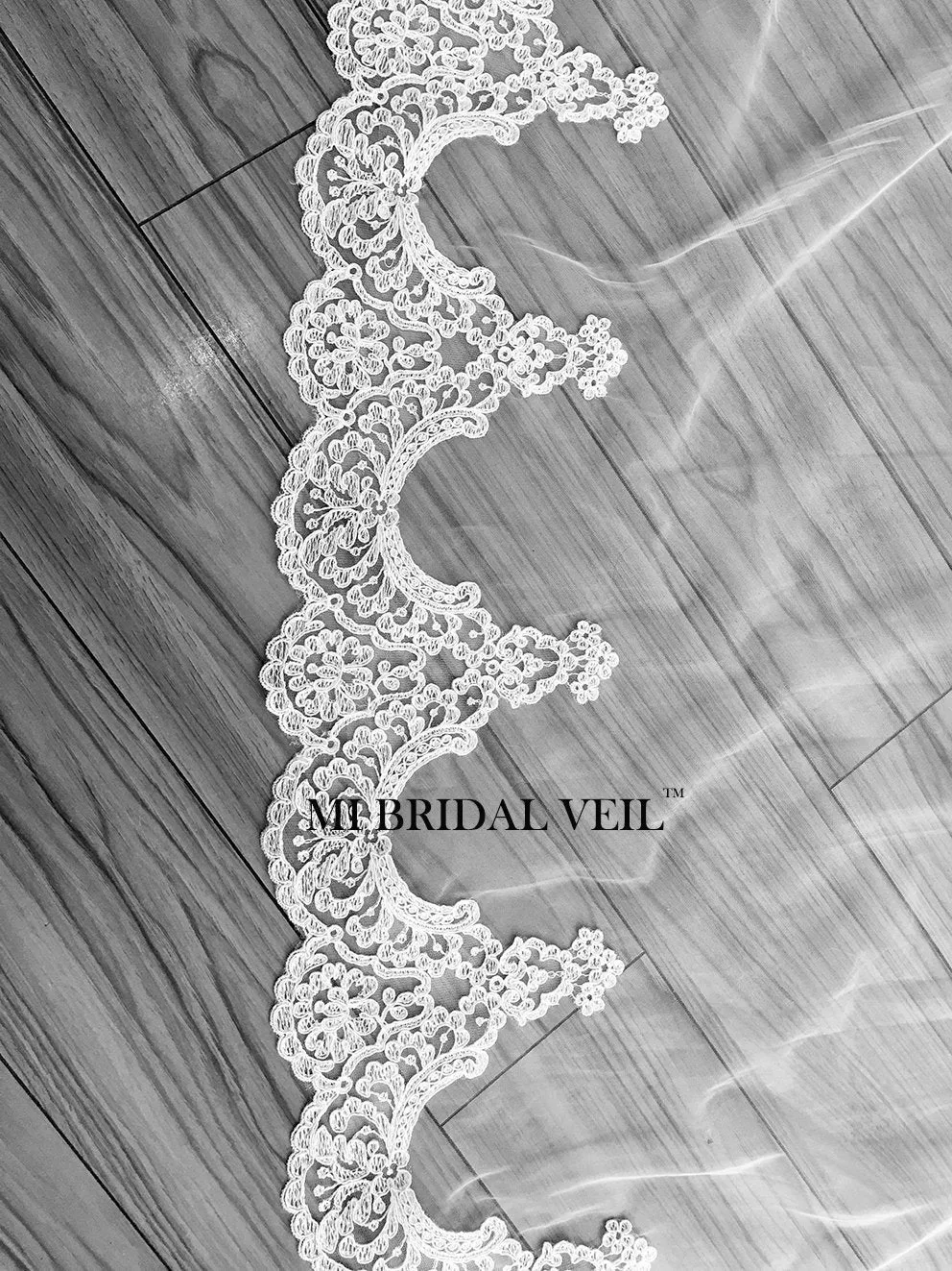 Cathedral Wedding Veil, Edwardian Inspired Lace at Hip, Mi Bridal