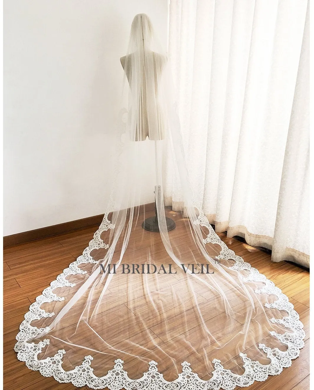 Cathedral Wedding Veil, Edwardian Inspired Lace at Hip, Mi Bridal