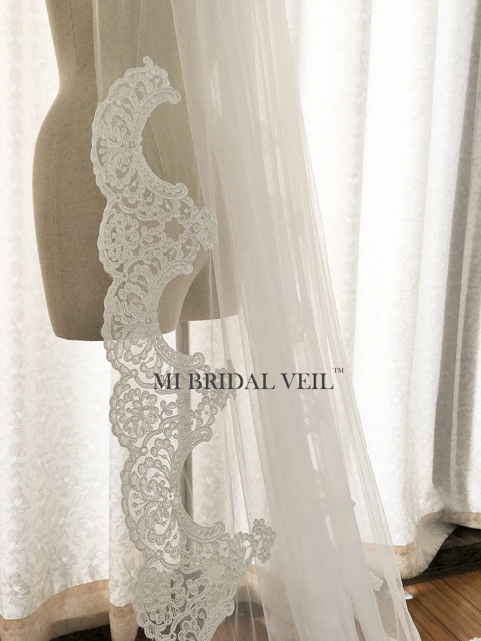 Cathedral Wedding Veil, Edwardian Inspired Lace at Hip, Mi Bridal