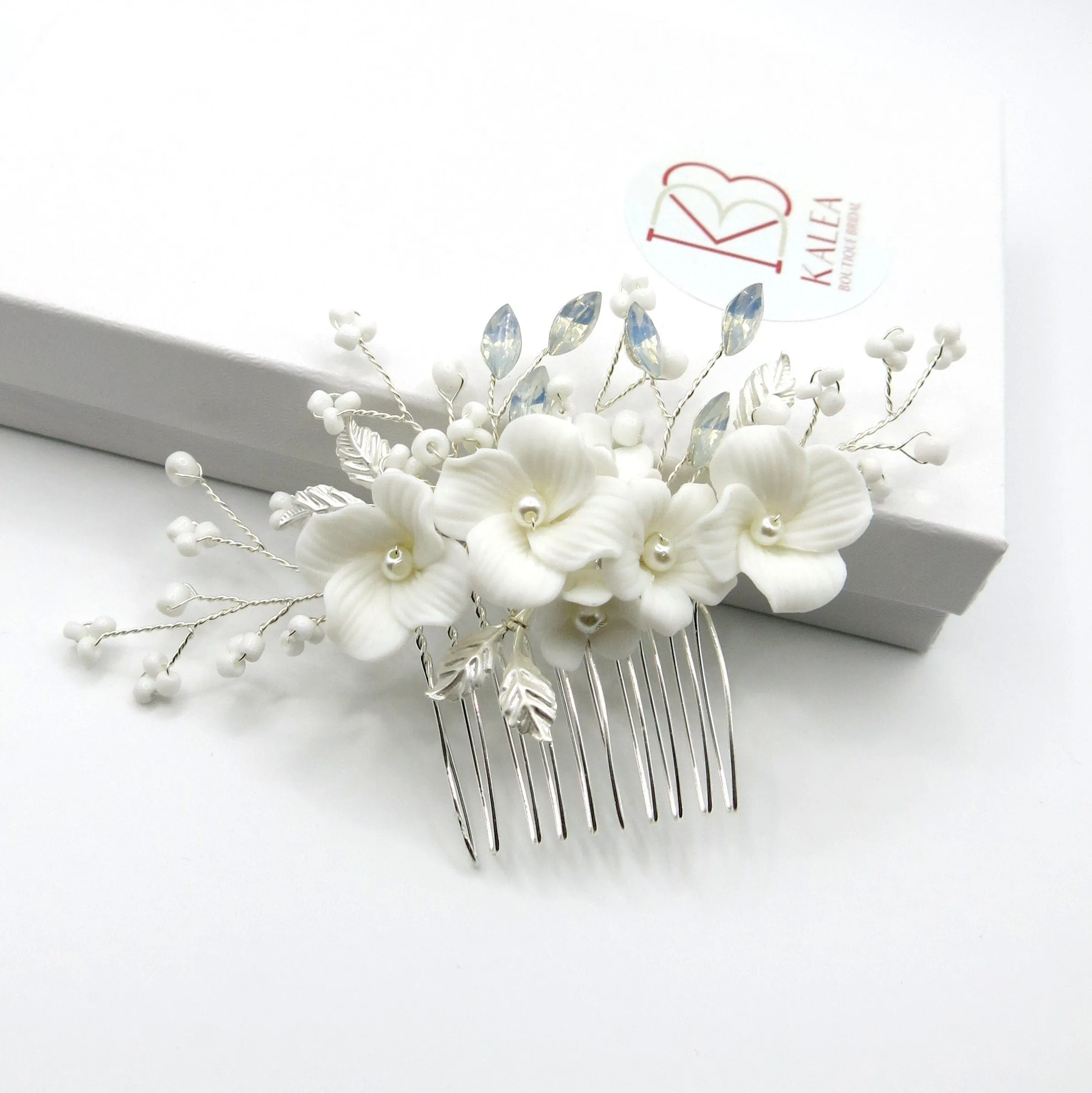 Ceramic Flower Small Bridal Hair Comb, White Flower Branch Hairpin, Wedding Floral Hairpiece, Clay Flower Hair Comb Accessory