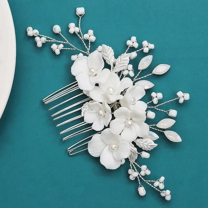 Ceramic Flower Small Bridal Hair Comb, White Flower Branch Hairpin, Wedding Floral Hairpiece, Clay Flower Hair Comb Accessory
