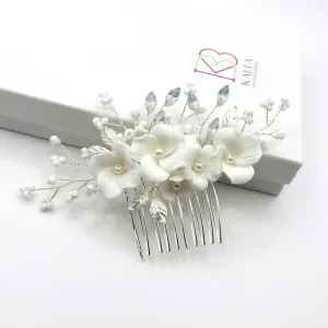 Ceramic Flower Small Bridal Hair Comb, White Flower Branch Hairpin, Wedding Floral Hairpiece, Clay Flower Hair Comb Accessory