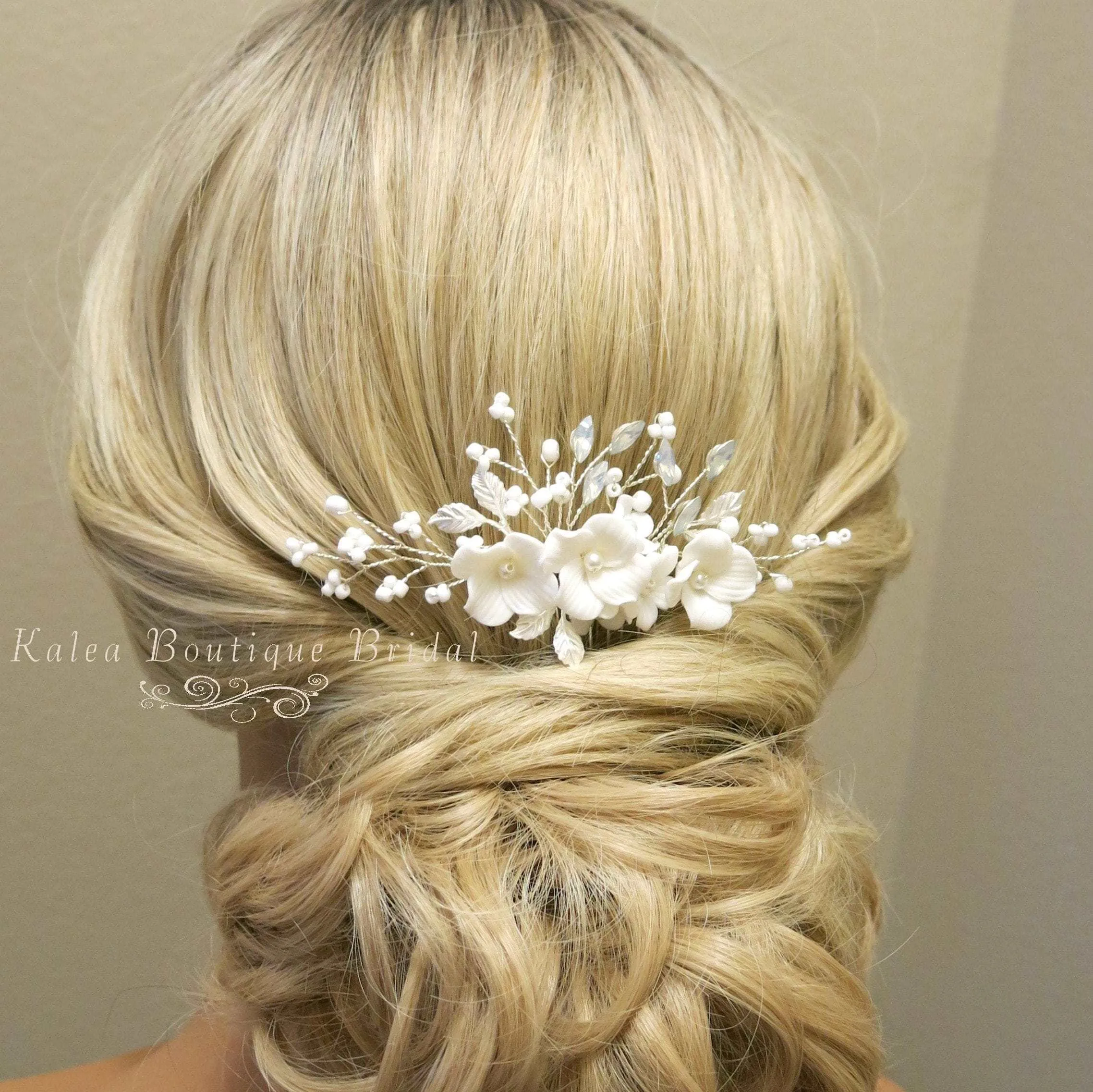 Ceramic Flower Small Bridal Hair Comb, White Flower Branch Hairpin, Wedding Floral Hairpiece, Clay Flower Hair Comb Accessory
