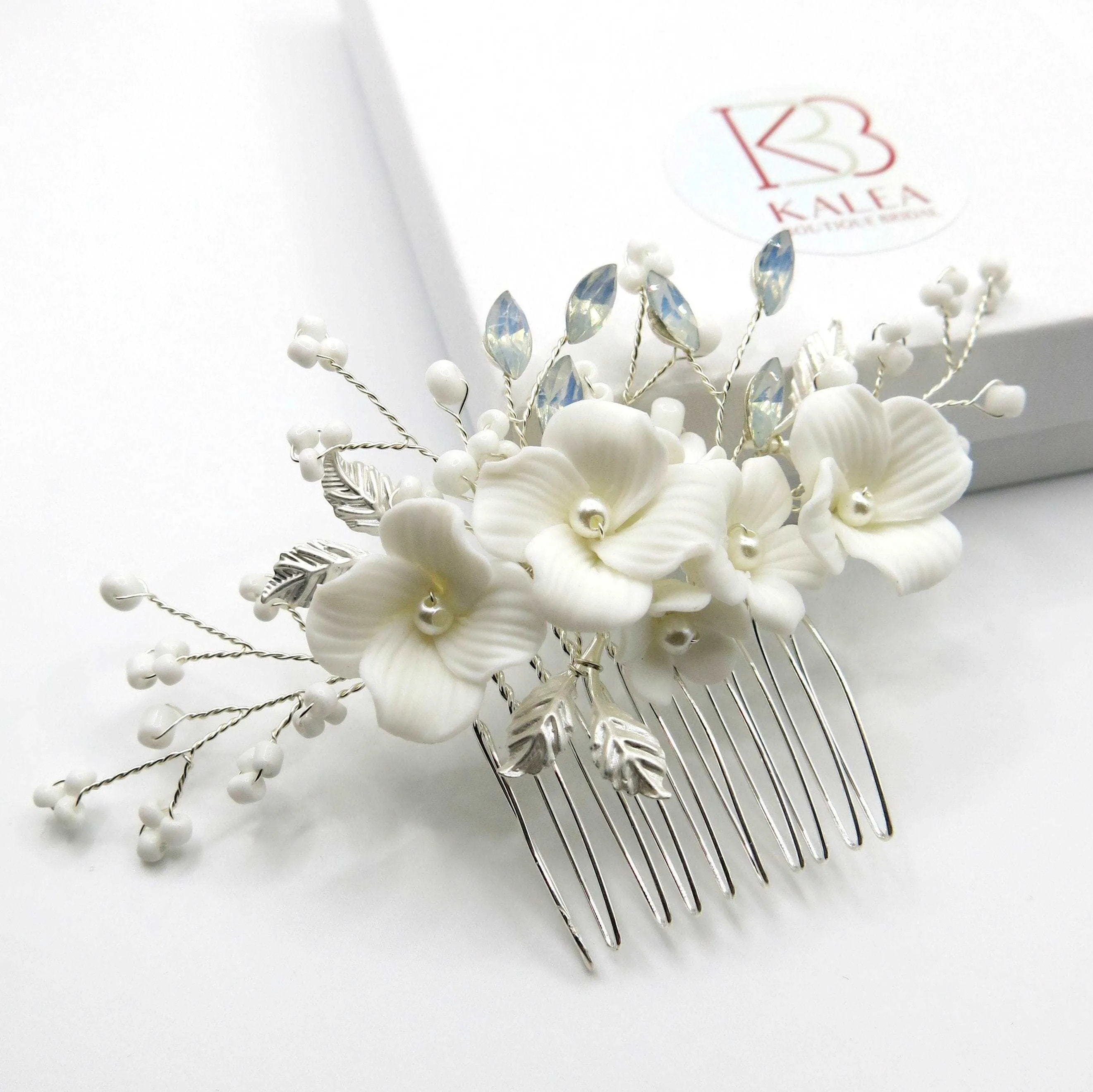 Ceramic Flower Small Bridal Hair Comb, White Flower Branch Hairpin, Wedding Floral Hairpiece, Clay Flower Hair Comb Accessory