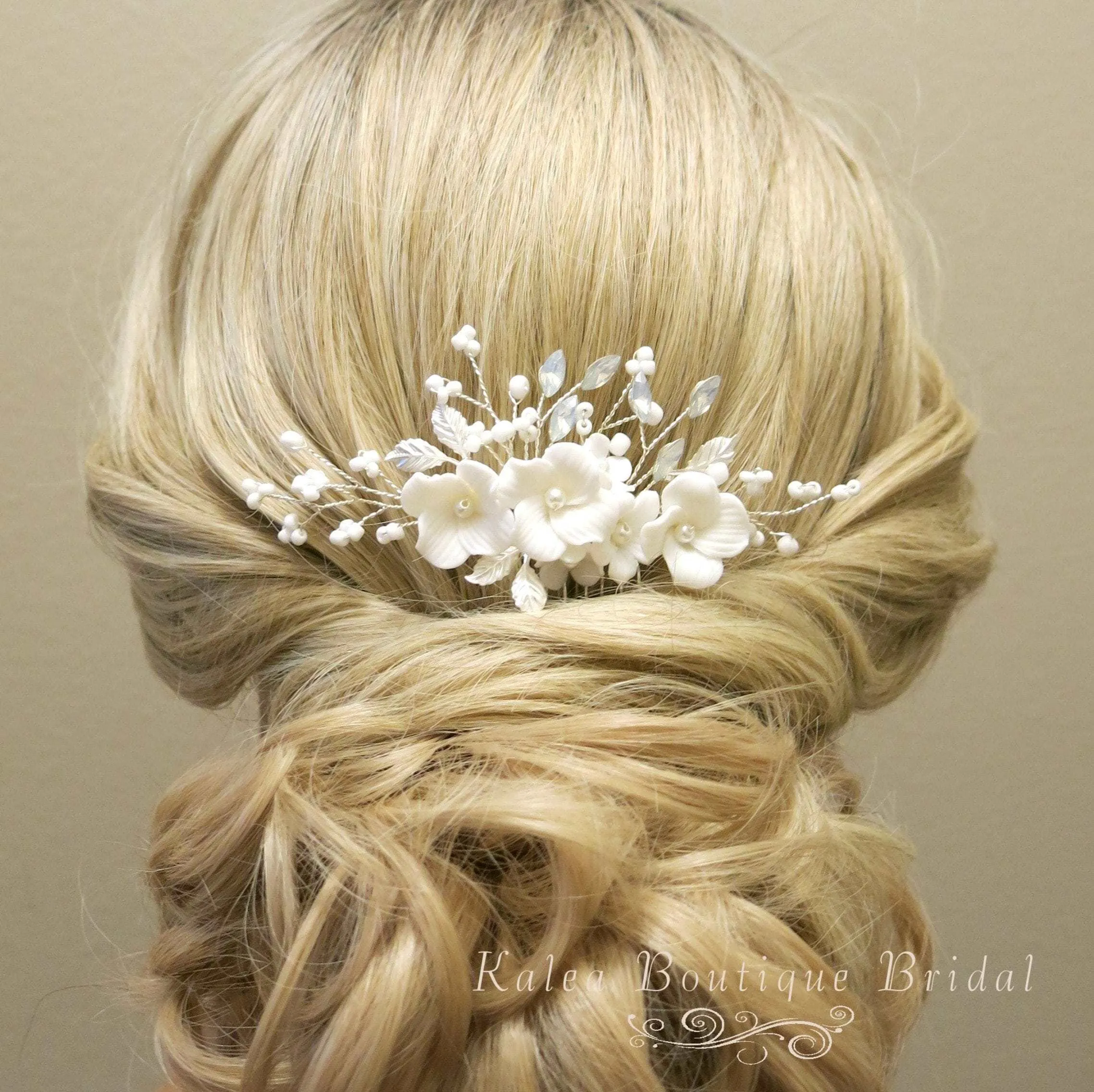 Ceramic Flower Small Bridal Hair Comb, White Flower Branch Hairpin, Wedding Floral Hairpiece, Clay Flower Hair Comb Accessory