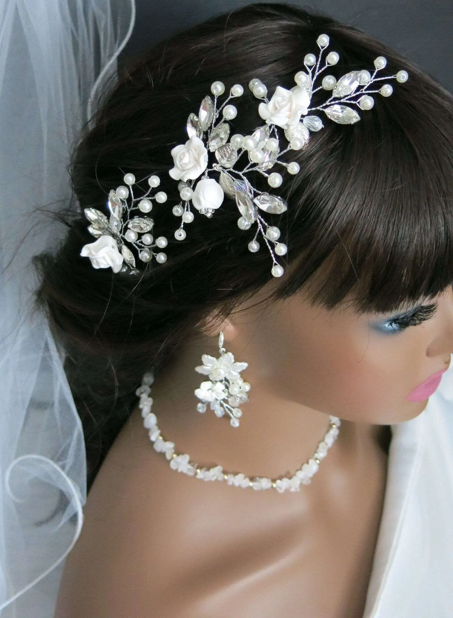 Ceramic White Rose 3 PC Hairpin Set, Wedding Clay Flower Hair Pin Set, Pearl Rhinestone Bridal Hairpiece