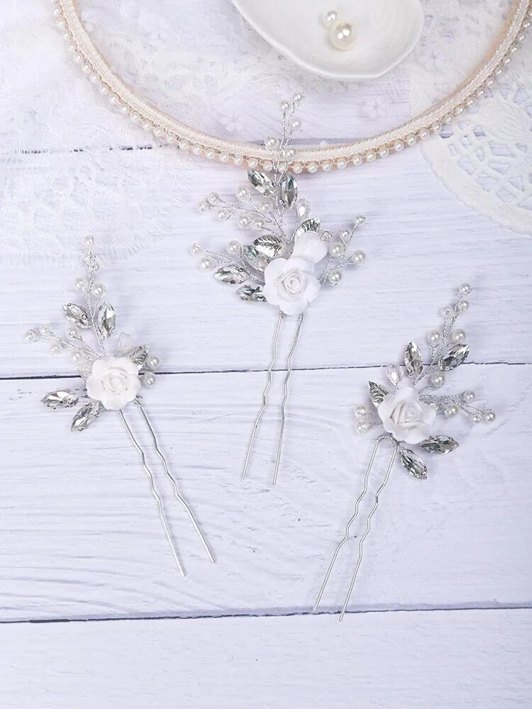 Ceramic White Rose 3 PC Hairpin Set, Wedding Clay Flower Hair Pin Set, Pearl Rhinestone Bridal Hairpiece
