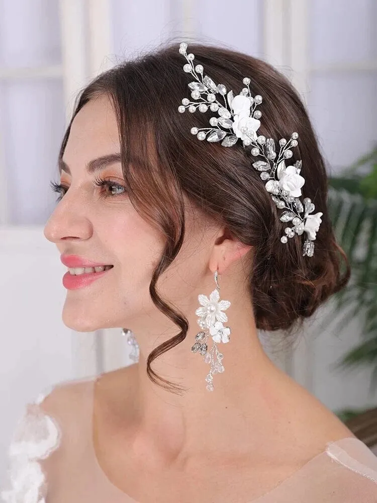 Ceramic White Rose 3 PC Hairpin Set, Wedding Clay Flower Hair Pin Set, Pearl Rhinestone Bridal Hairpiece