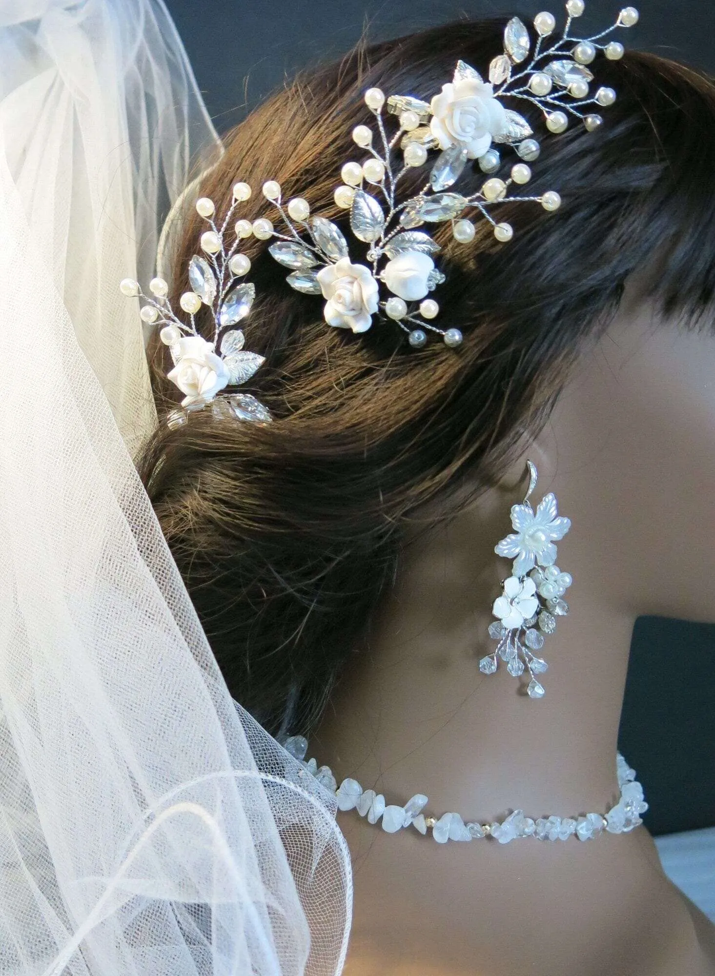 Ceramic White Rose 3 PC Hairpin Set, Wedding Clay Flower Hair Pin Set, Pearl Rhinestone Bridal Hairpiece
