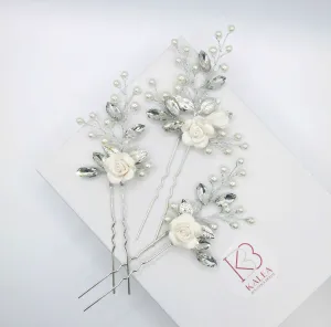 Ceramic White Rose 3 PC Hairpin Set, Wedding Clay Flower Hair Pin Set, Pearl Rhinestone Bridal Hairpiece