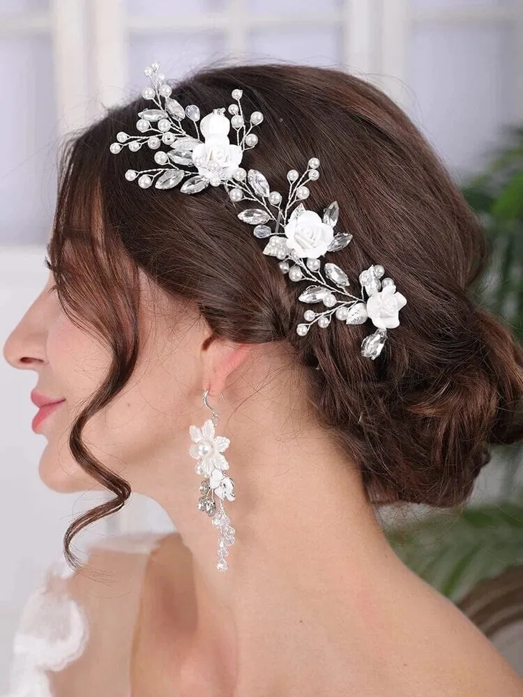 Ceramic White Rose 3 PC Hairpin Set, Wedding Clay Flower Hair Pin Set, Pearl Rhinestone Bridal Hairpiece