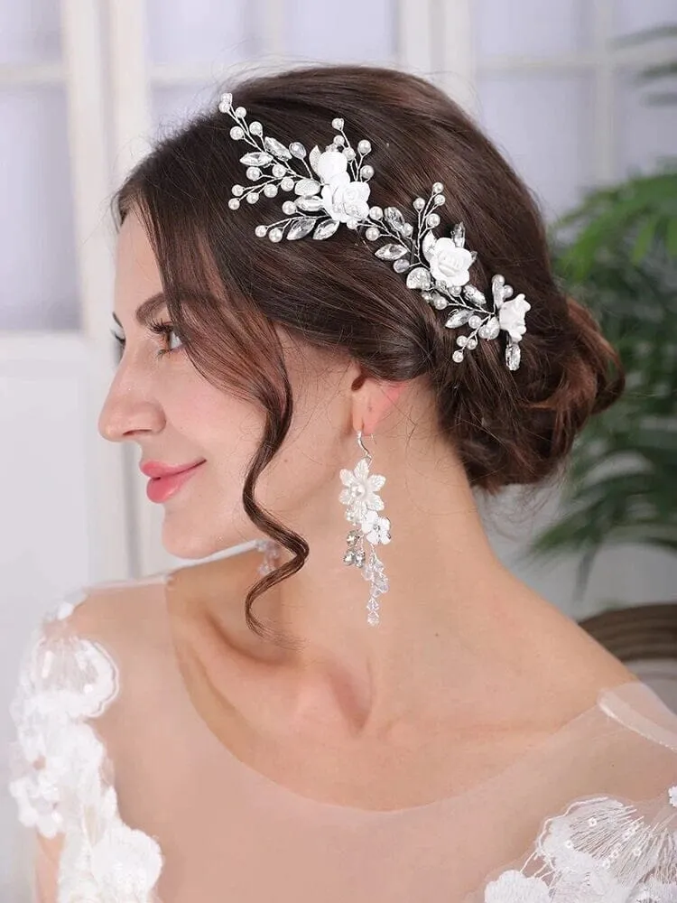 Ceramic White Rose 3 PC Hairpin Set, Wedding Clay Flower Hair Pin Set, Pearl Rhinestone Bridal Hairpiece