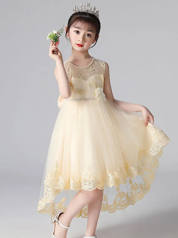 Champagne Color Jewel Neck Sleeveless Beaded Kids Social Party Dresses