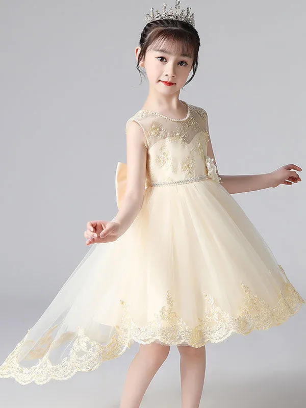 Champagne Color Jewel Neck Sleeveless Beaded Kids Social Party Dresses