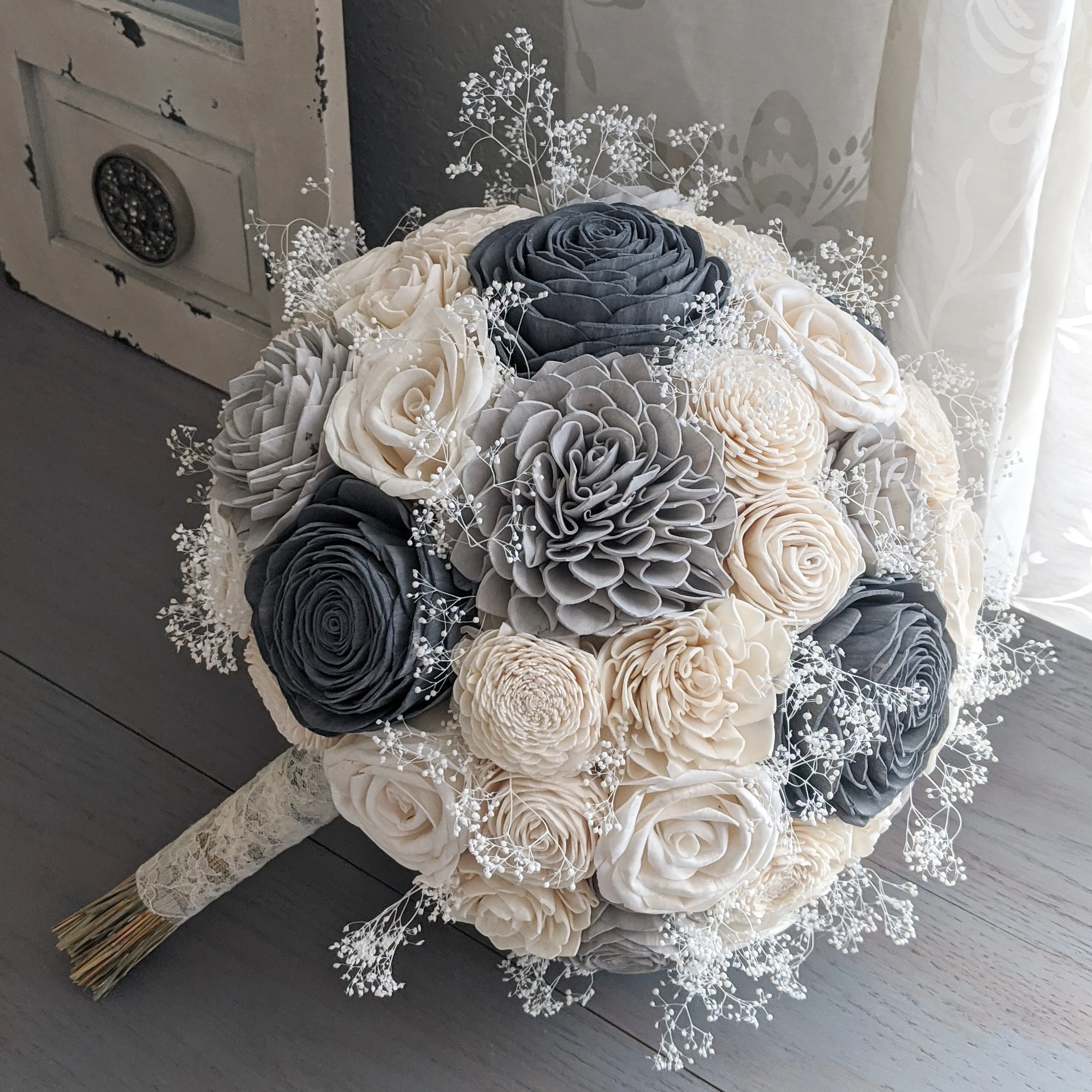 Charcoal, Light Gray, and Ivory Bouquet with Baby's Breath