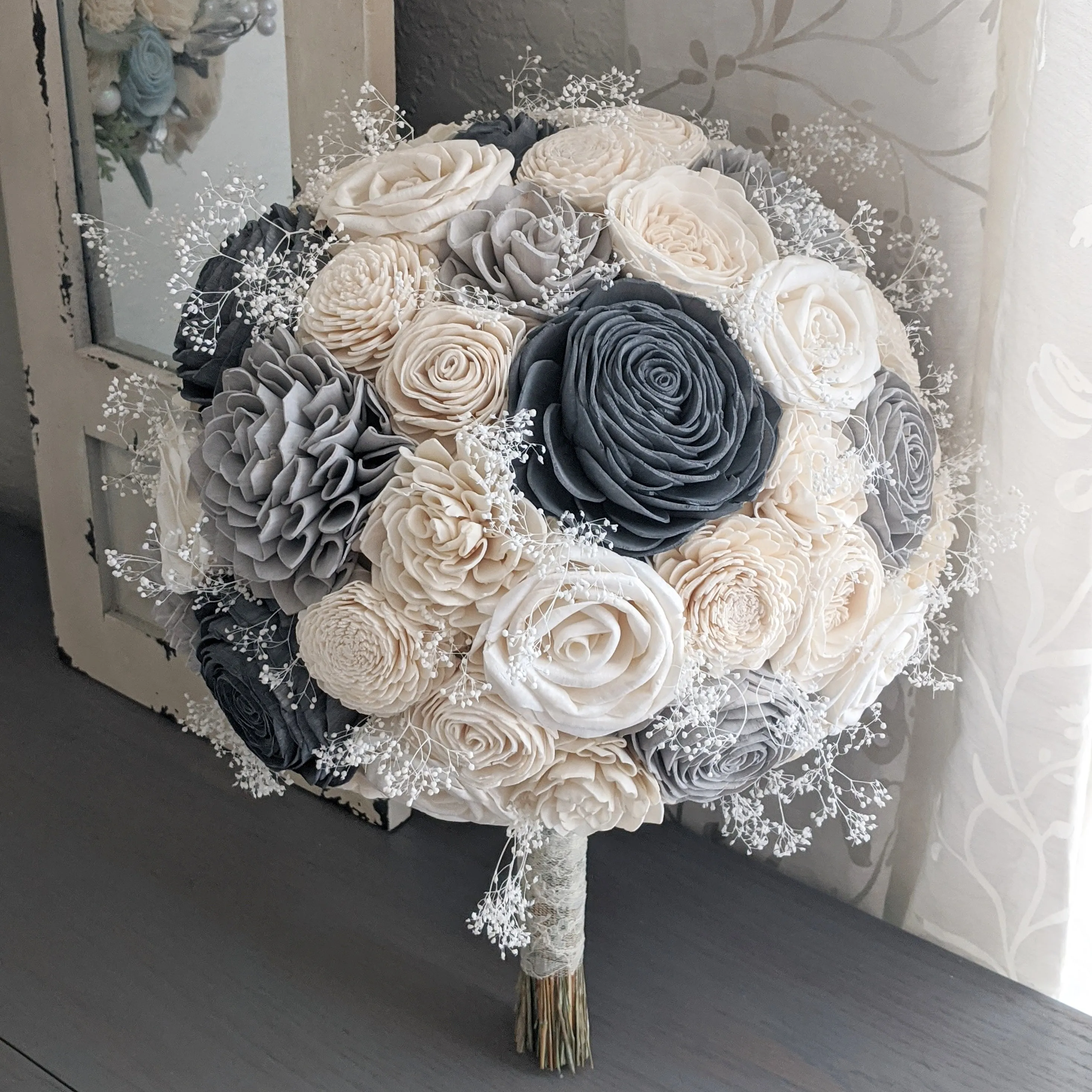 Charcoal, Light Gray, and Ivory Bouquet with Baby's Breath