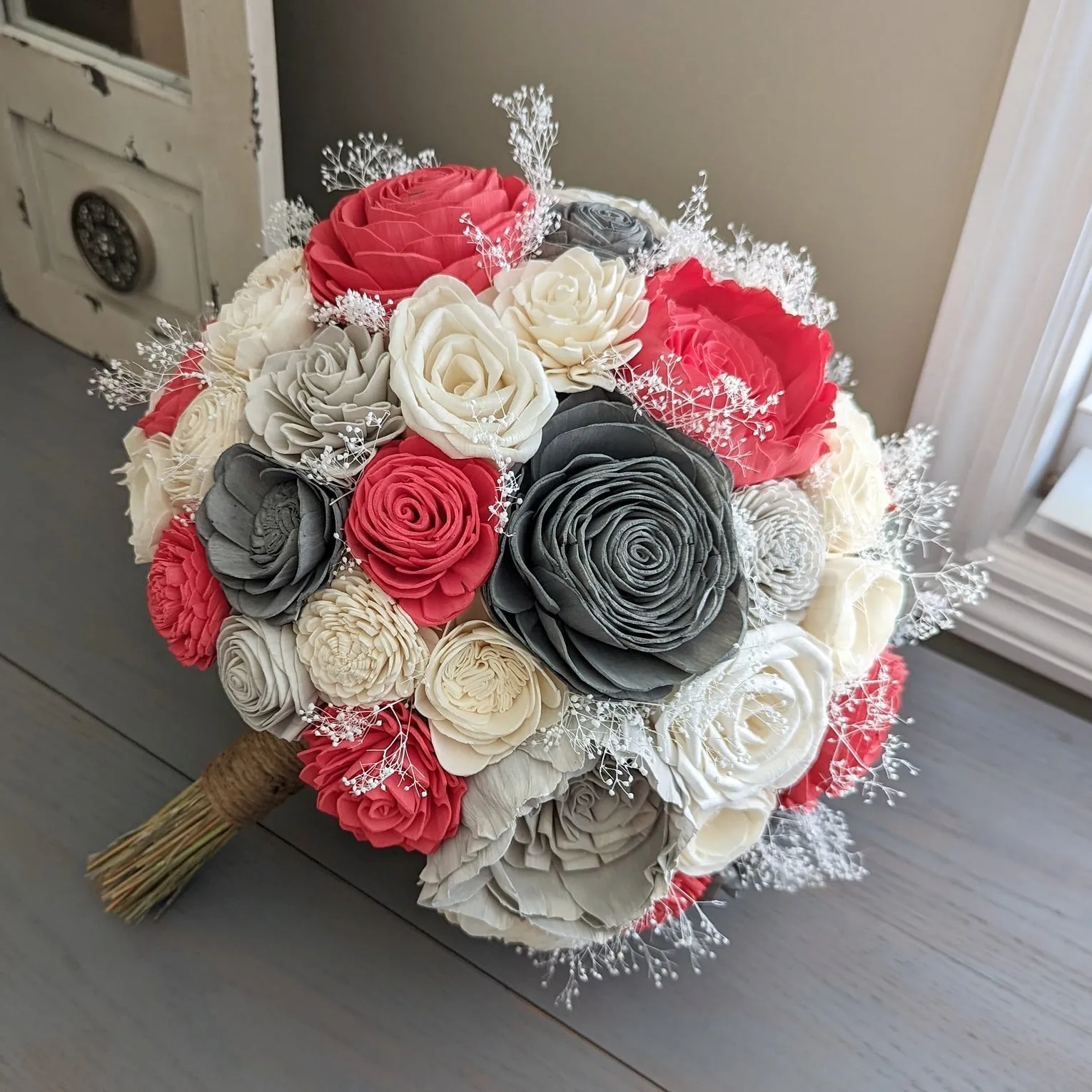 Charcoal, Light Gray, Bright Coral, and Ivory Bouquet with Baby's Breath